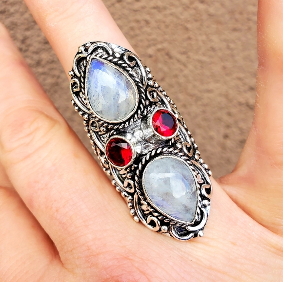 New Rainbow Moonstone & Garnet 925 Silver Statement Ring. - Picture 5 of 14